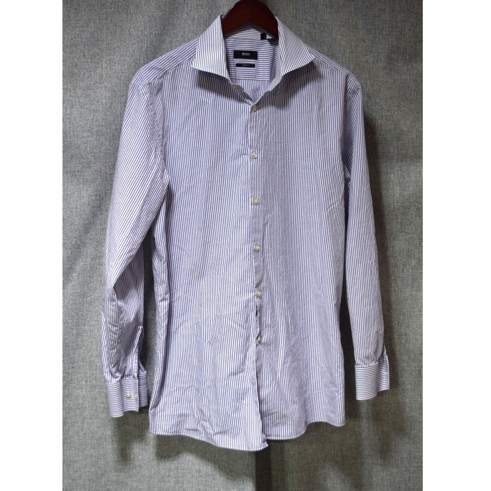 BOSS Hugo Boss Sharp Fit Purple Stripe Dress Shirt 17.5 34/35
